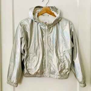 GAP girls silver windbreaker jacket Size L 10-11 Holographic hooded lightweight